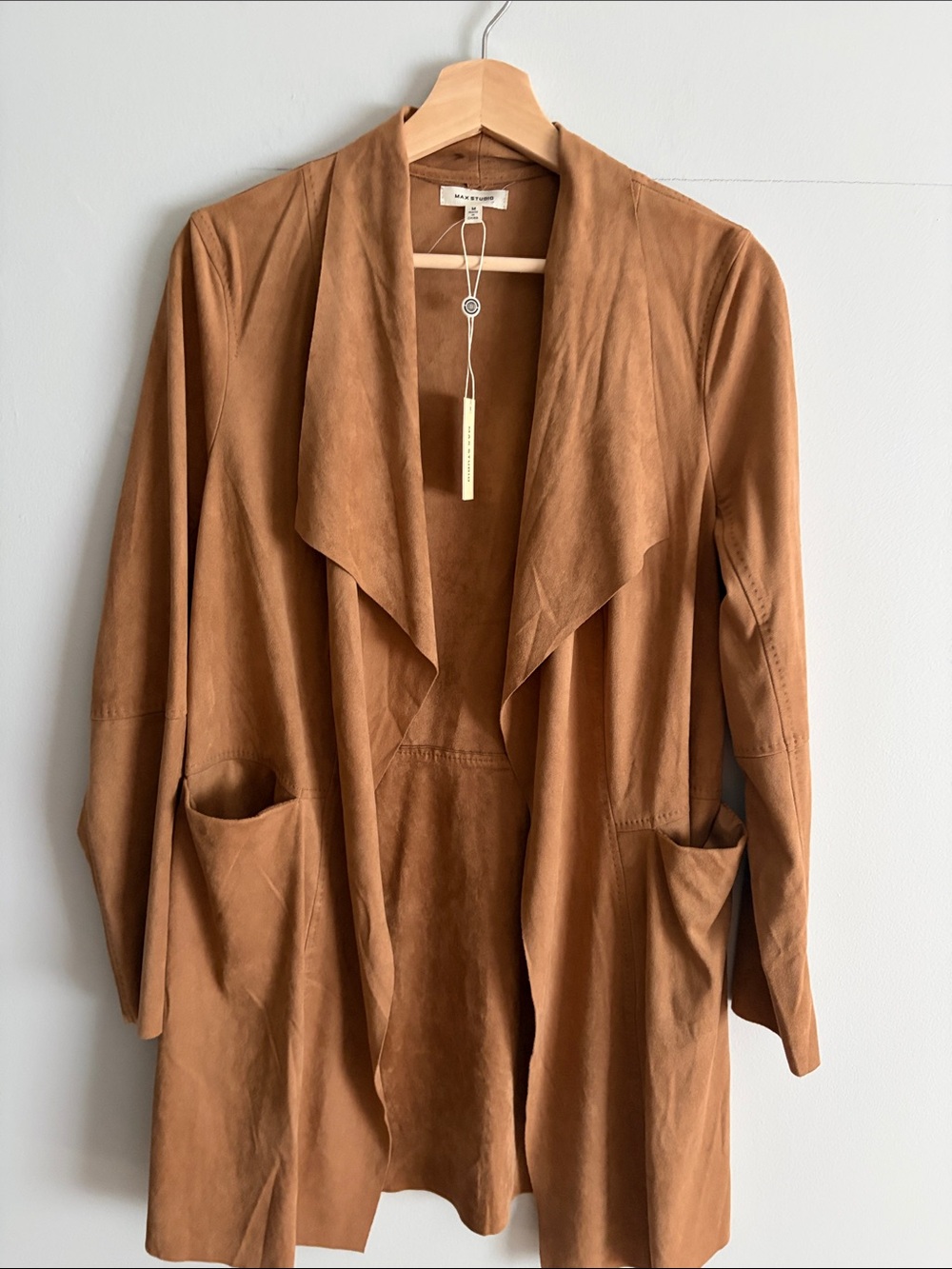 Max Studio Draped Open-Front Suede-Look Jacket - Tan. Med. NWT.